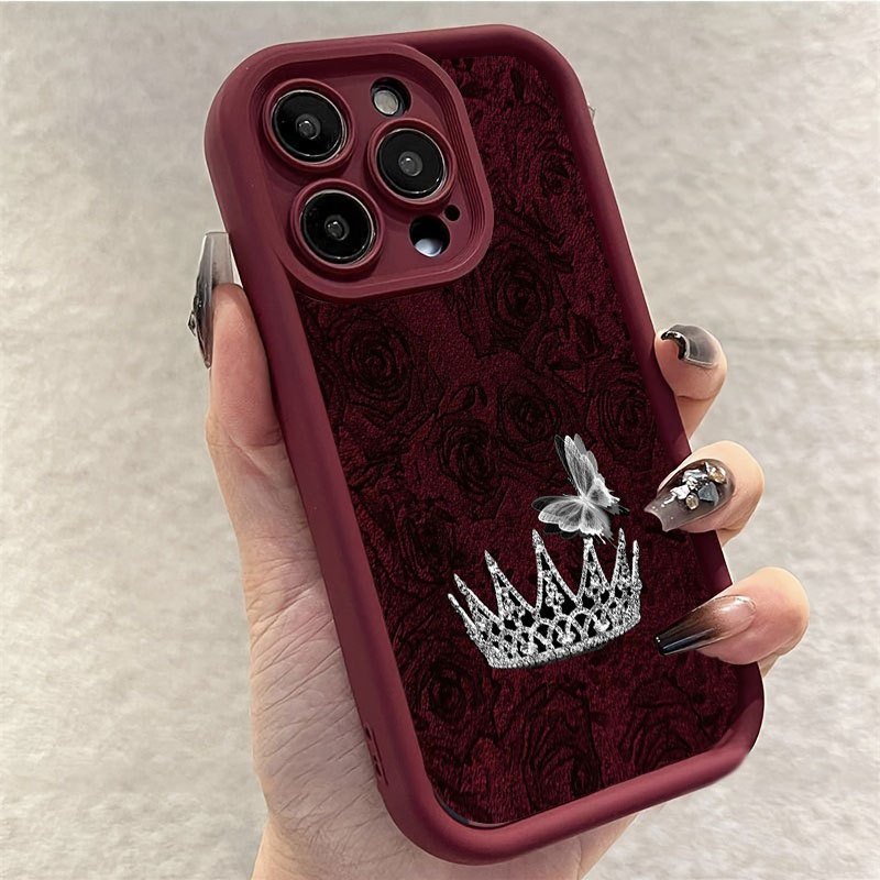 Apple Iphone 15 Pro Max - Telefoonhoesje Rode Roos Zilveren Kroon voor